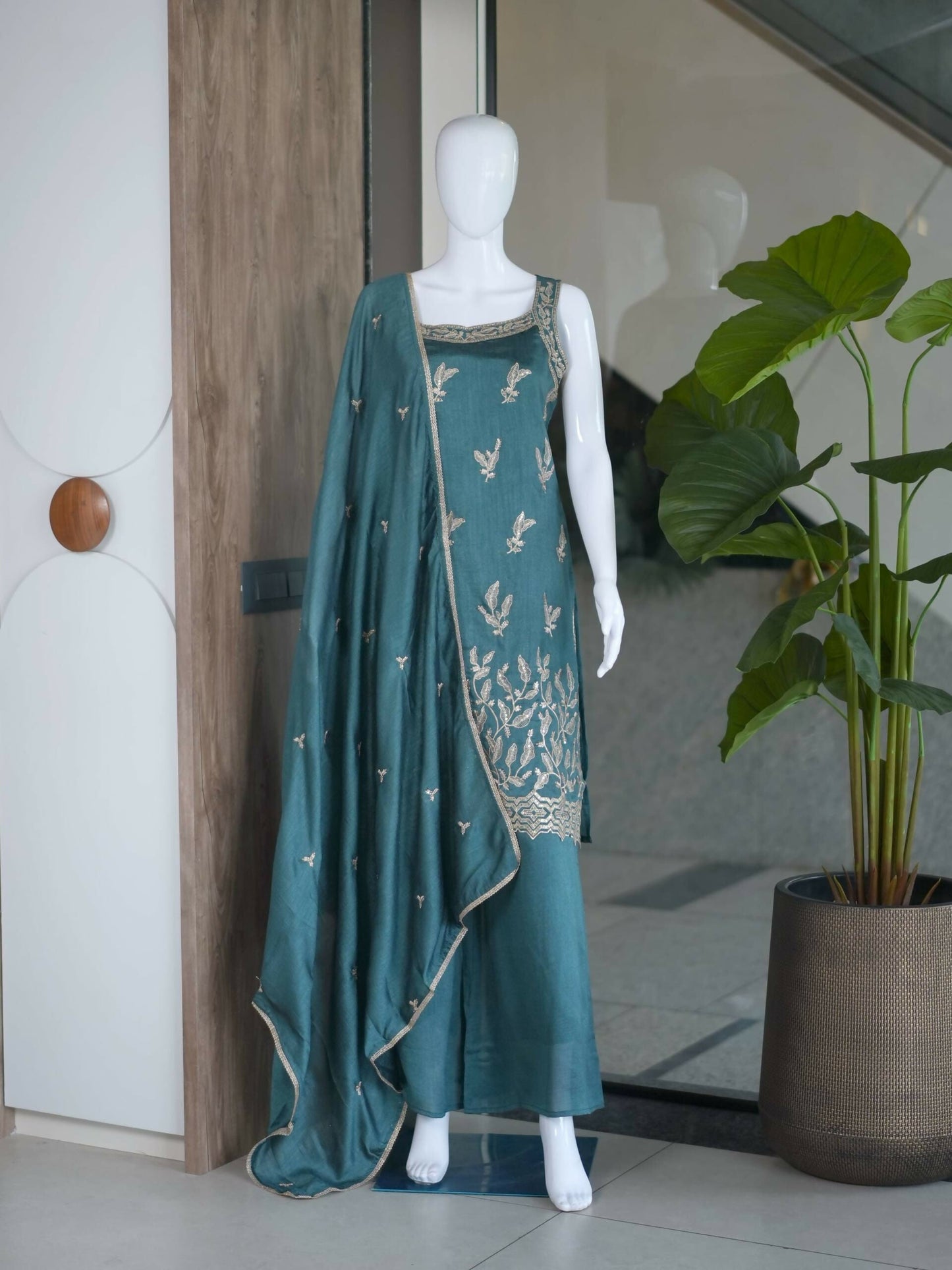 Teeya Creation Teal Blue Embroidered Georgette Straight Kurta With Palazzo And Dupatta Set