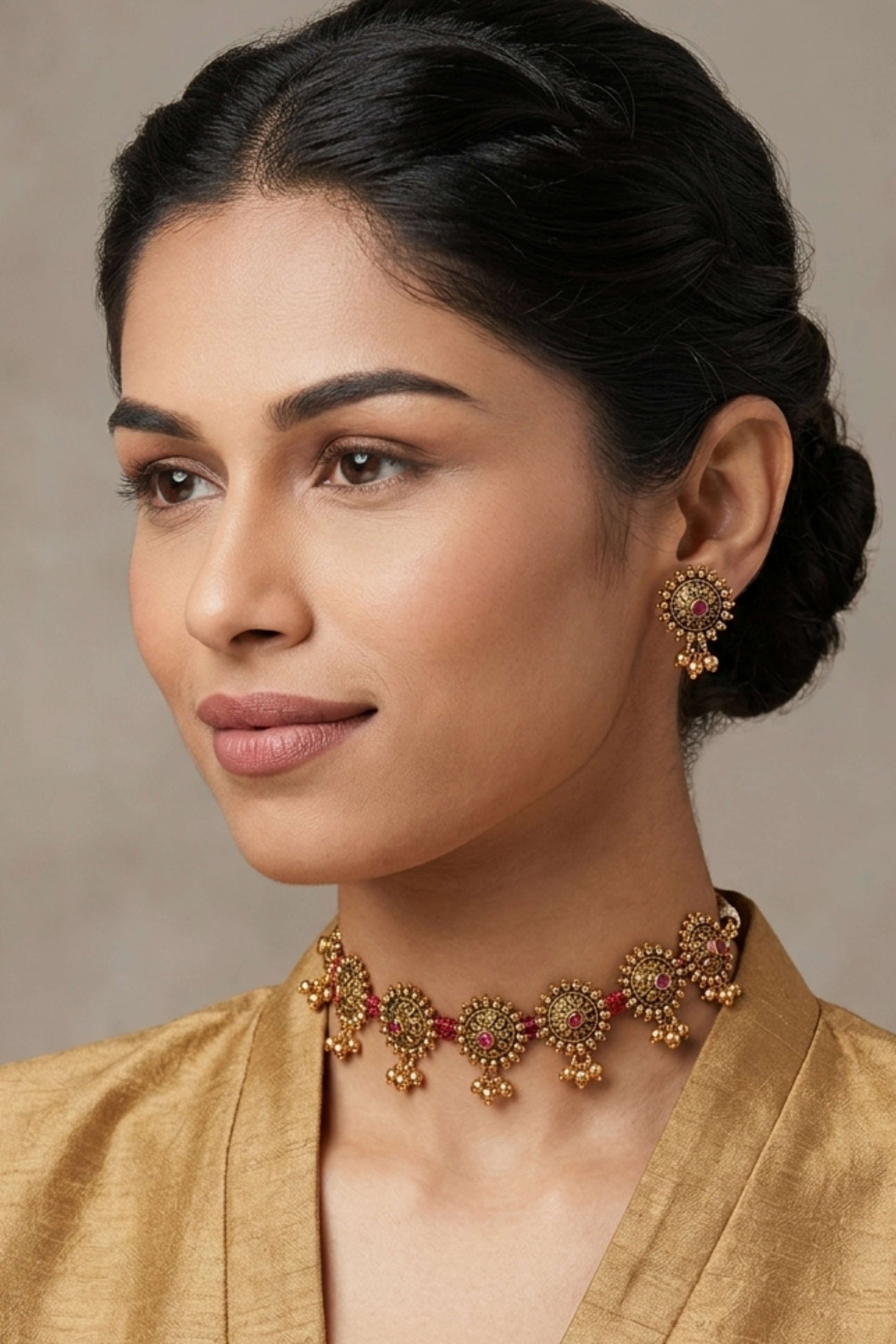 Gold-Toned Grace Floral Choker Set with Pearl Beads