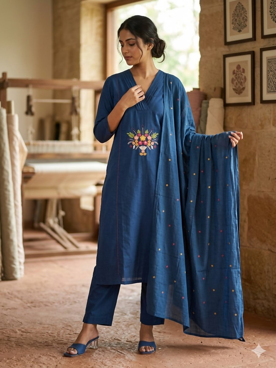 Teeya Creation Indigo Blue Straight Kurta Pant Set With Matching Dupatta