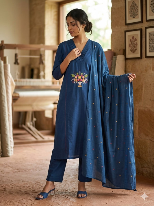 Teeya Creation Indigo Blue Straight Kurta Pant Set With Matching Dupatta