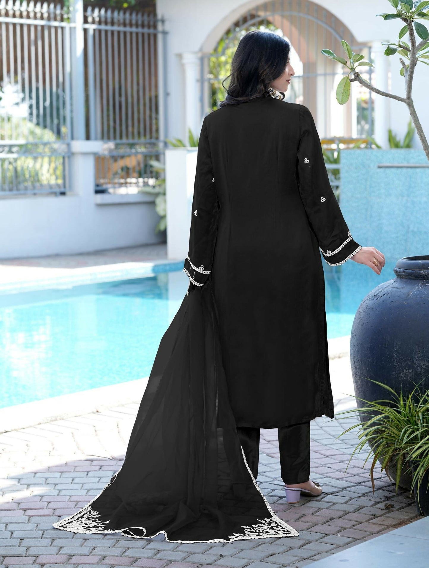 Nikhaar Black Embroidered Modal Silk Stitched Straight Cut Kurta Pants Dupatta Readymade Suit