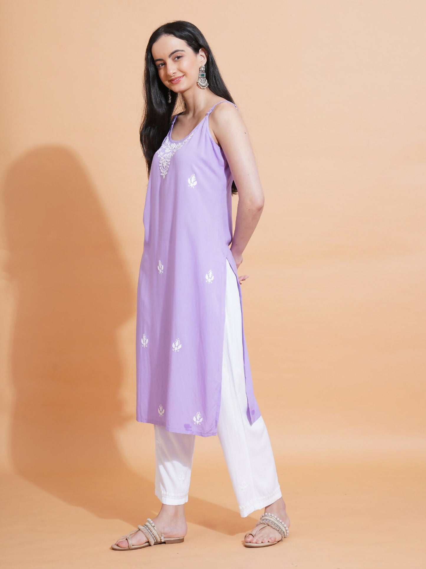 Pahnaz Luxury Rayon Chikankari Sleeveless Long Kurti-Lavender