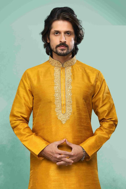 Raivat Ethnic Art Silk Mirror Embroidery Work Kurta Pajama In Mustard Colour