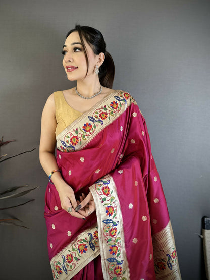 Prime Volt Premium Soft Silk Mayur Paithani Saree with Peacock Meena Weaving & Rich Pallu-Deep Maroon