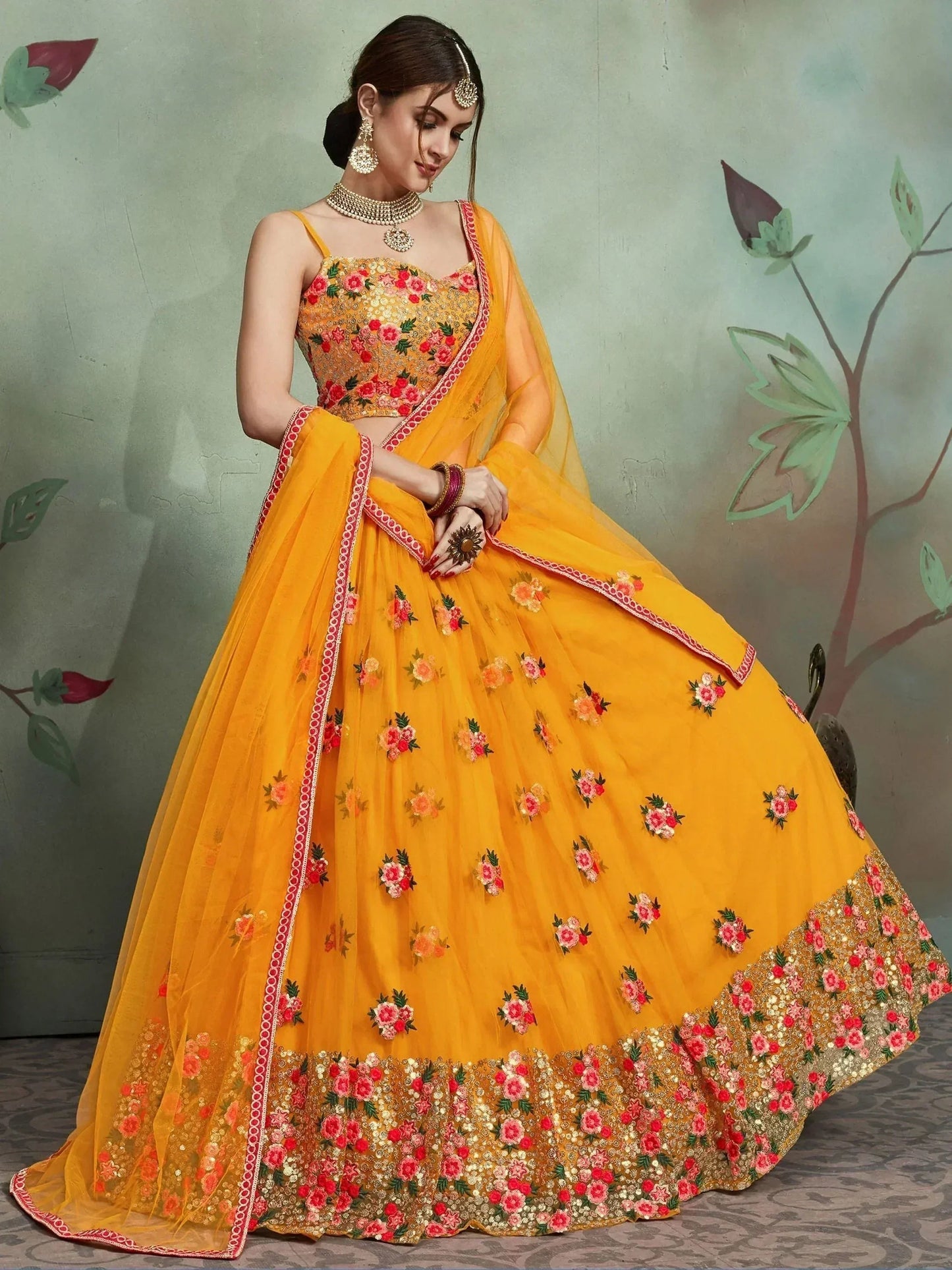 Tulsi Art Mustard Yellow Sequins Net Bridal Lehenga Choli