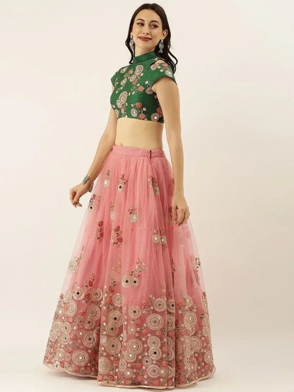 Tulsi Art Peach & Green Embroidered Semi-Stitched Lehenga & Unstitched Blouse With Dupatta