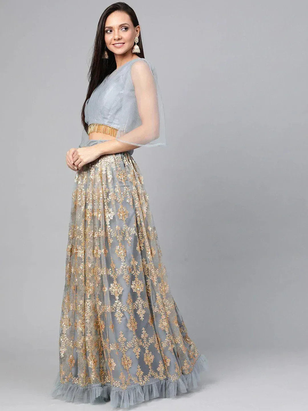 Tulsi Art Grey & Golden Semi-Stitched Embellished Myntra Lehenga & Unstitched Blouse With Dupatta