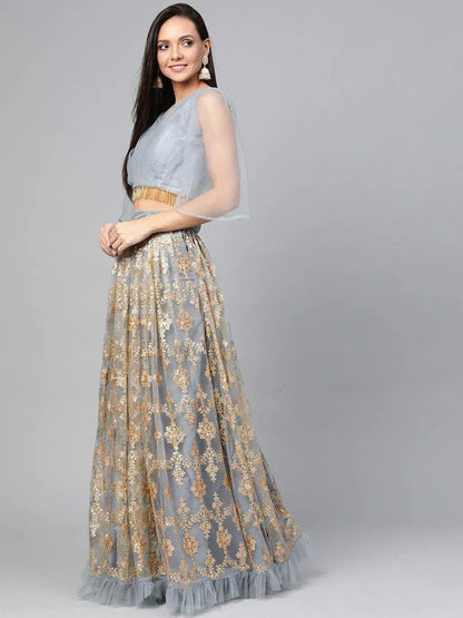 Tulsi Art Grey & Golden Semi-Stitched Embellished Myntra Lehenga & Unstitched Blouse With Dupatta