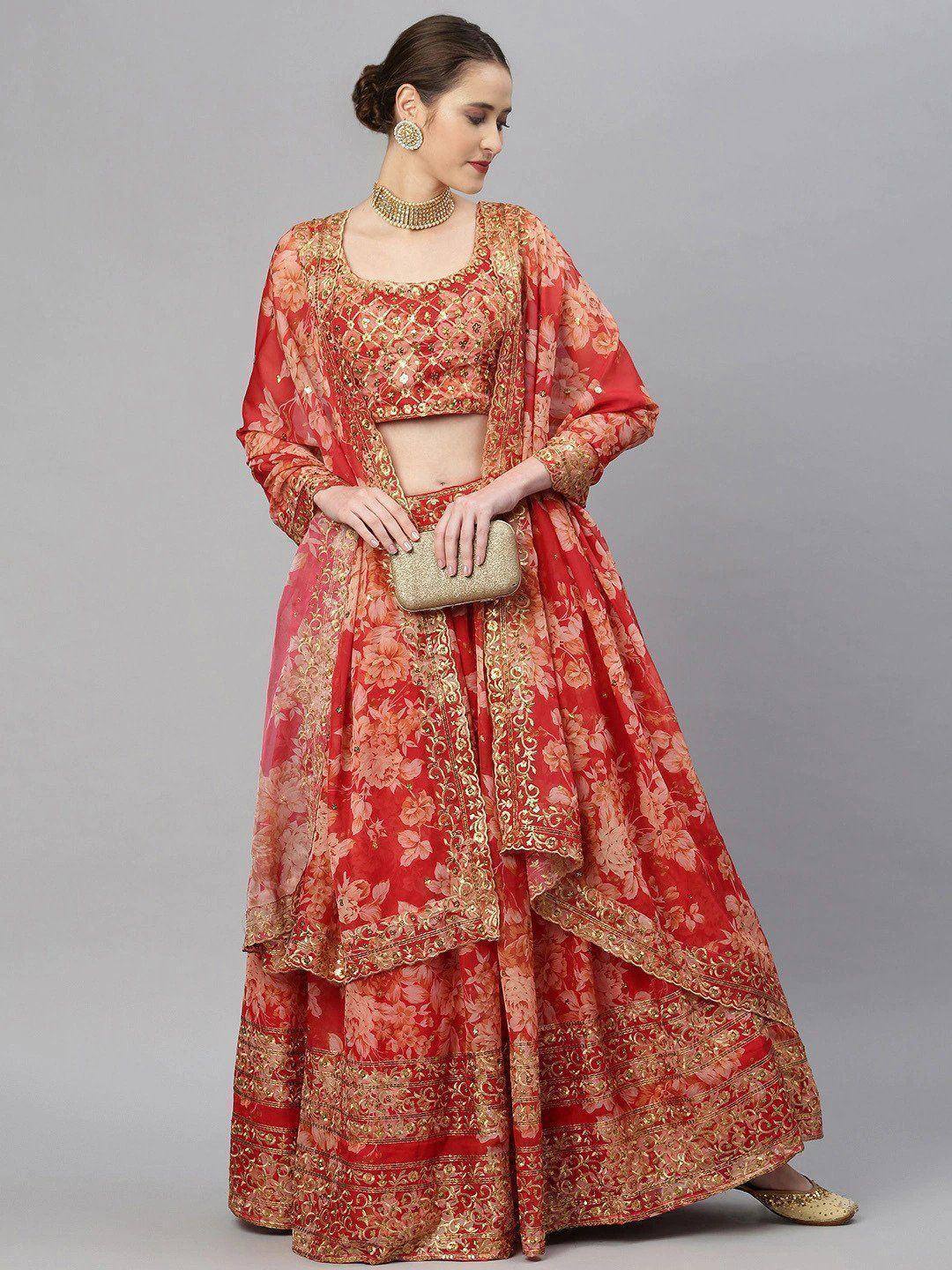 Tulsi Art Red & Gold-Toned Embellished Sequinned Semi-Stitched Myntra Lehenga & Unstitched Blouse