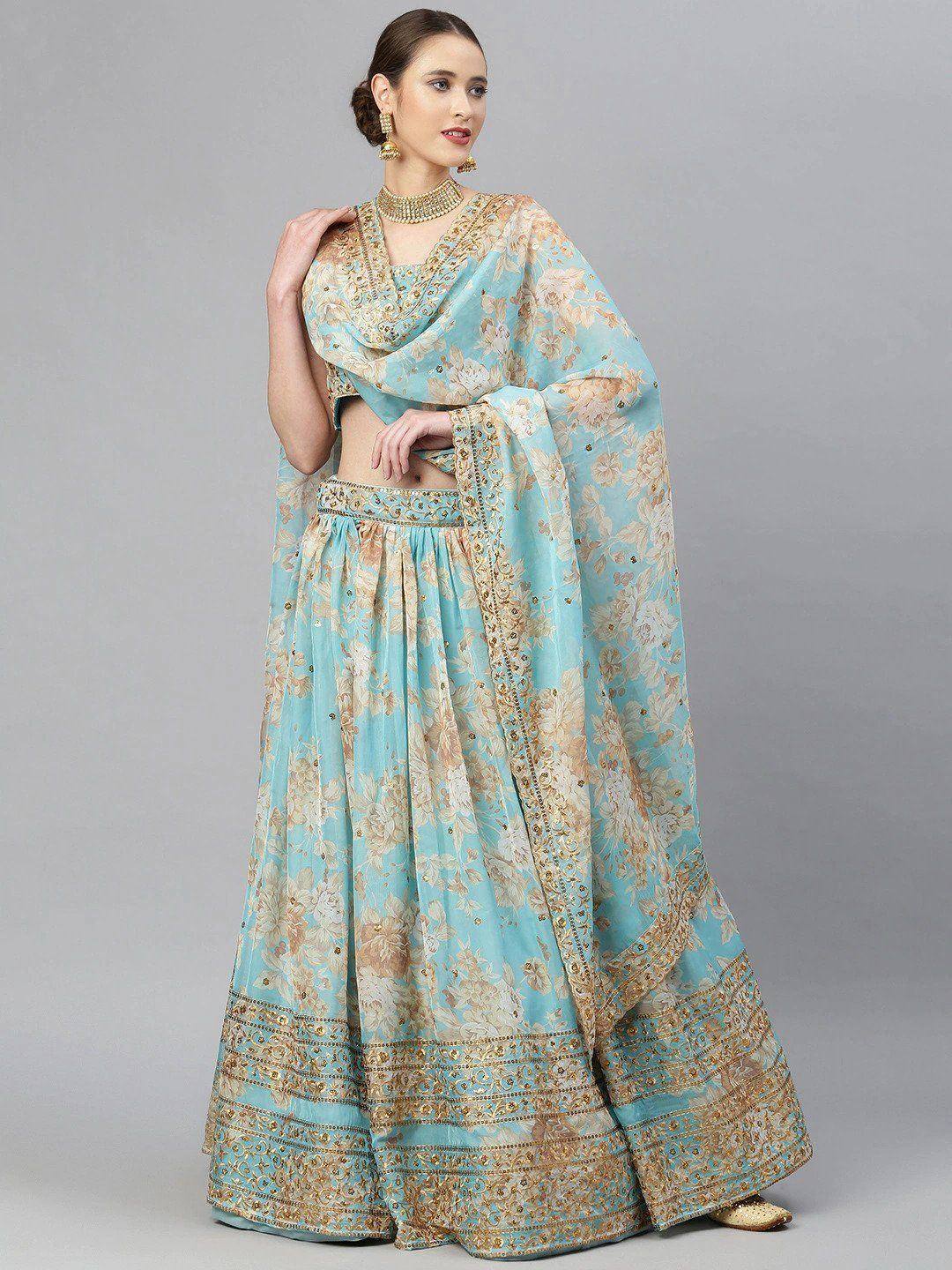 Tulsi Art Blue & Peach-Coloured Embellished Sequin Myntra Lehenga & Unstitched Blouse