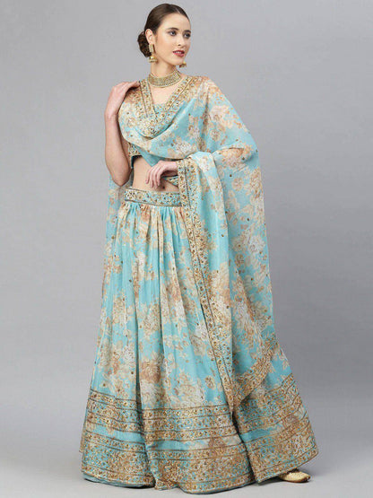Tulsi Art Blue & Peach-Coloured Embellished Sequin Myntra Lehenga & Unstitched Blouse