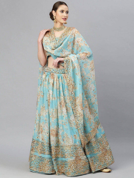 Tulsi Art Blue & Peach-Coloured Embellished Sequin Myntra Lehenga & Unstitched Blouse