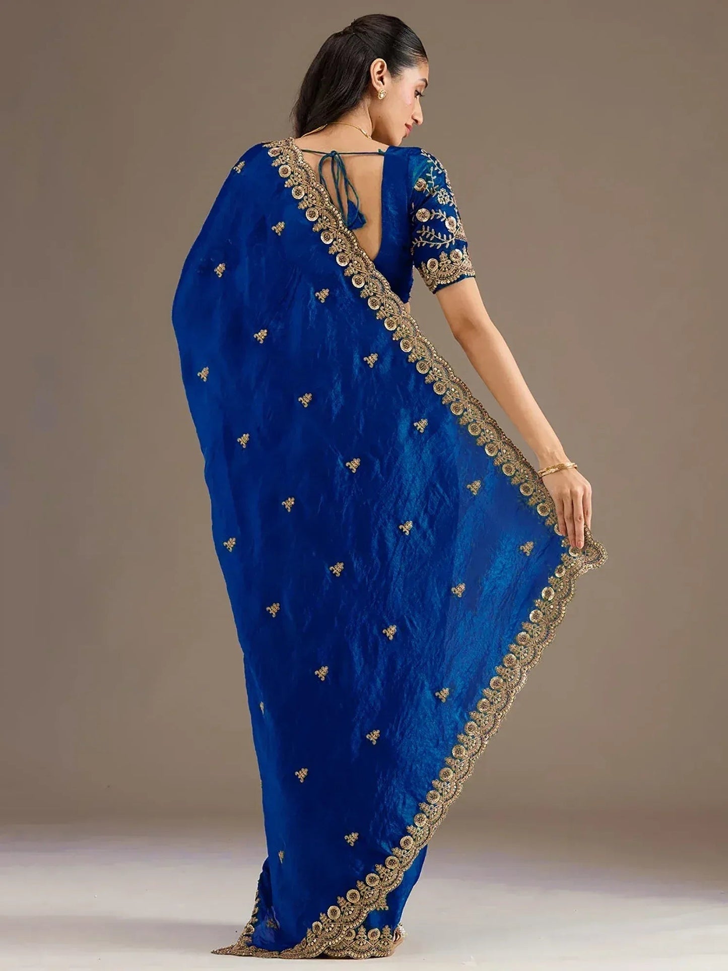 Tulsi Art Dazzling Blue Embroidered Silk Festive Wear Saree With Blouse