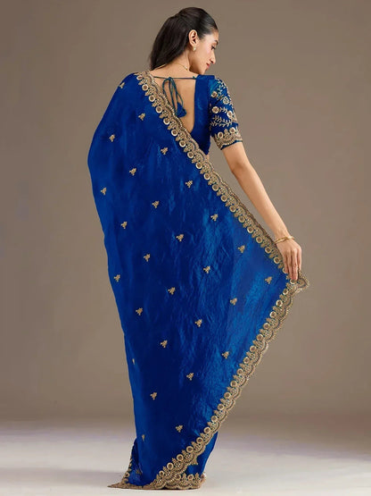 Tulsi Art Dazzling Blue Embroidered Silk Festive Wear Saree With Blouse