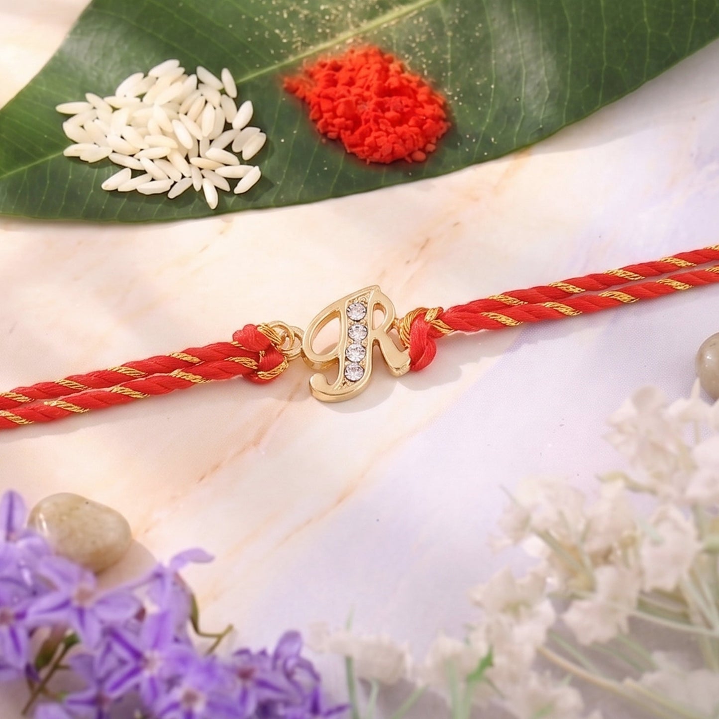 Premium Gold Plated Artistic "R" Initial Rakhi