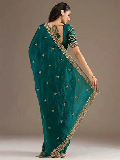 Tulsi Art Charming Green Zari Embroidered Silk Reception Wear Saree With Blouse