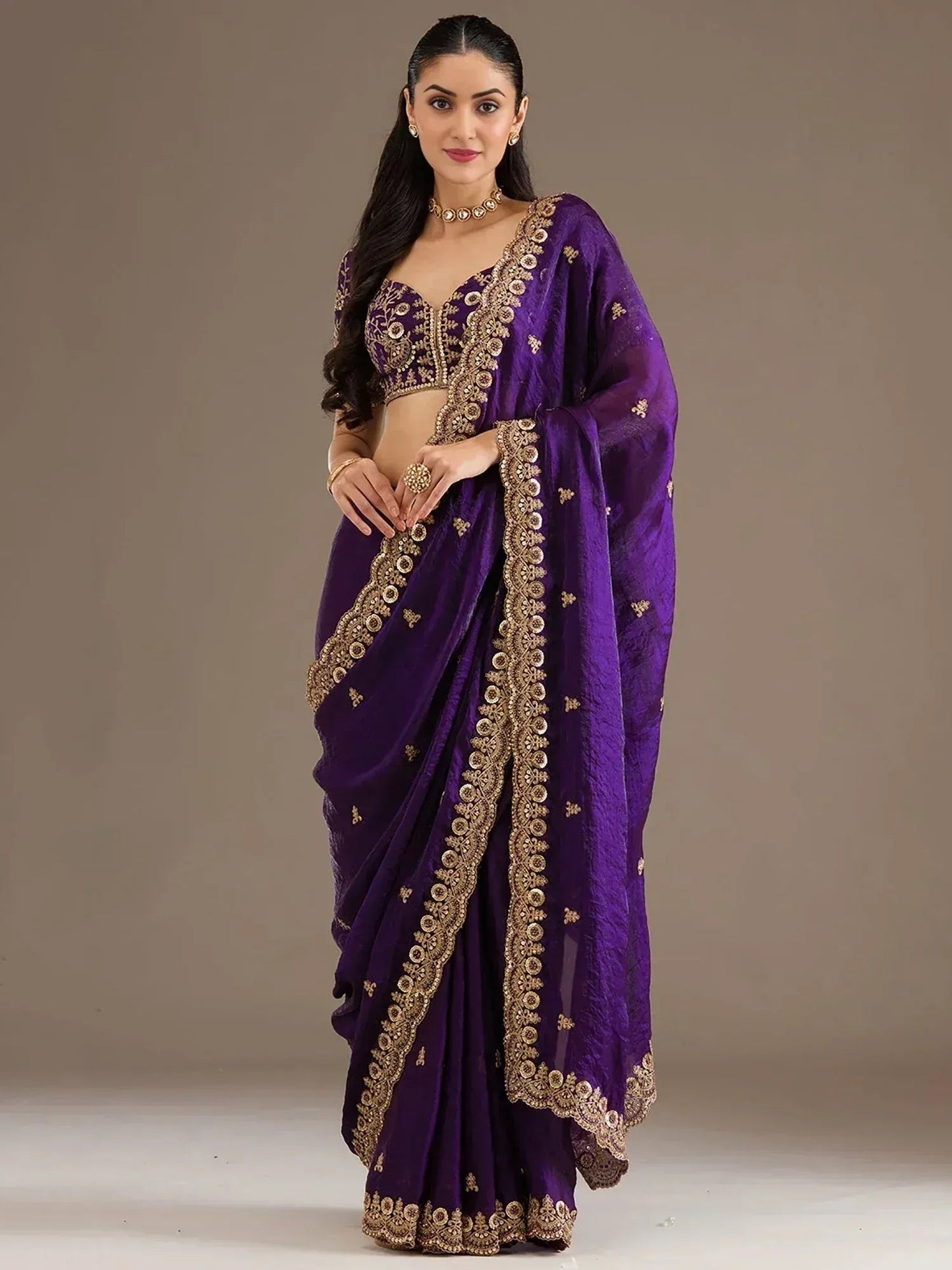 Tulsi Art Beautiful Purple Zari Embroidered Silk Party Wear Saree With Blouse