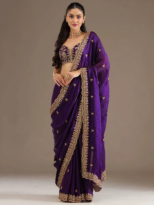 Tulsi Art Beautiful Purple Zari Embroidered Silk Party Wear Saree With Blouse