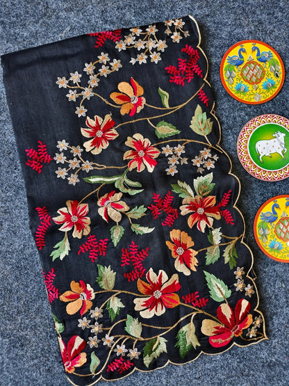 Mameraa Sarees Black Matka Silk Saree With Heavy Floral Embroidery Border With Running Blouse-Black
