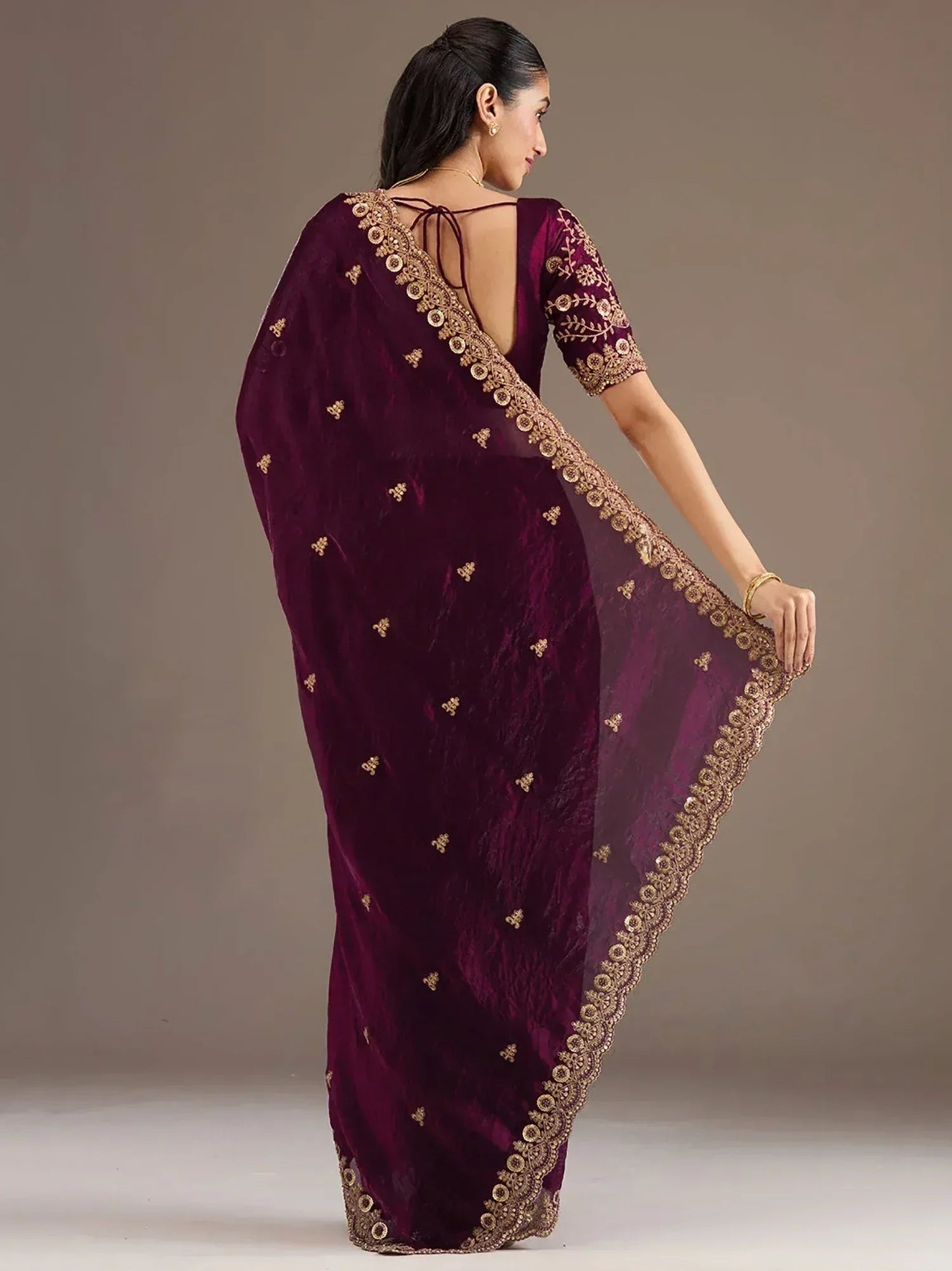 Tulsi Art Stunning Wine Embroidered Silk Reception Wear Saree With Blouse