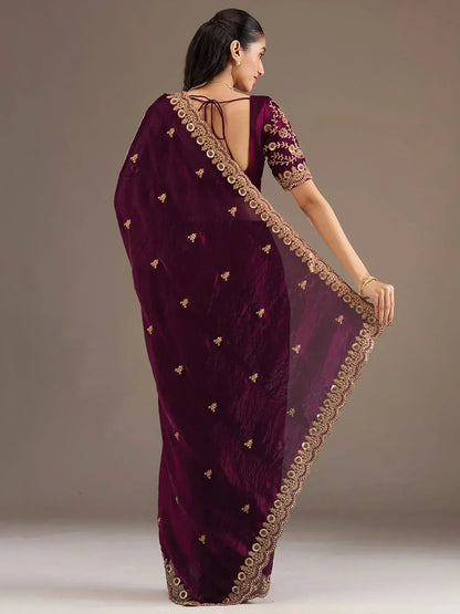 Tulsi Art Stunning Wine Embroidered Silk Reception Wear Saree With Blouse