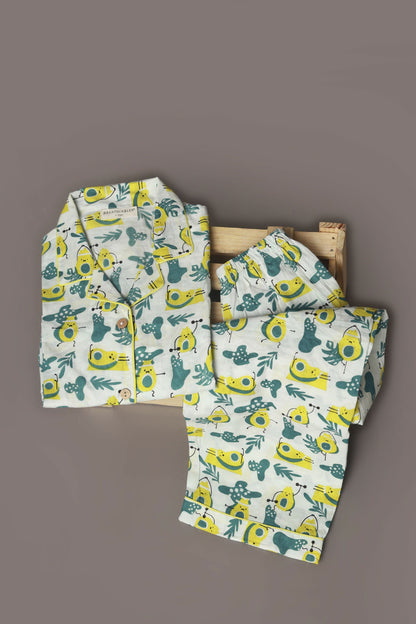Breathables Kids Cotton Night Suit  White Avocado Print Shirt & Pyjama Co-Ord Set For Boys & Girls