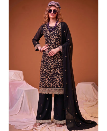 KC Black Straight Suit For Women Georgette Fabric