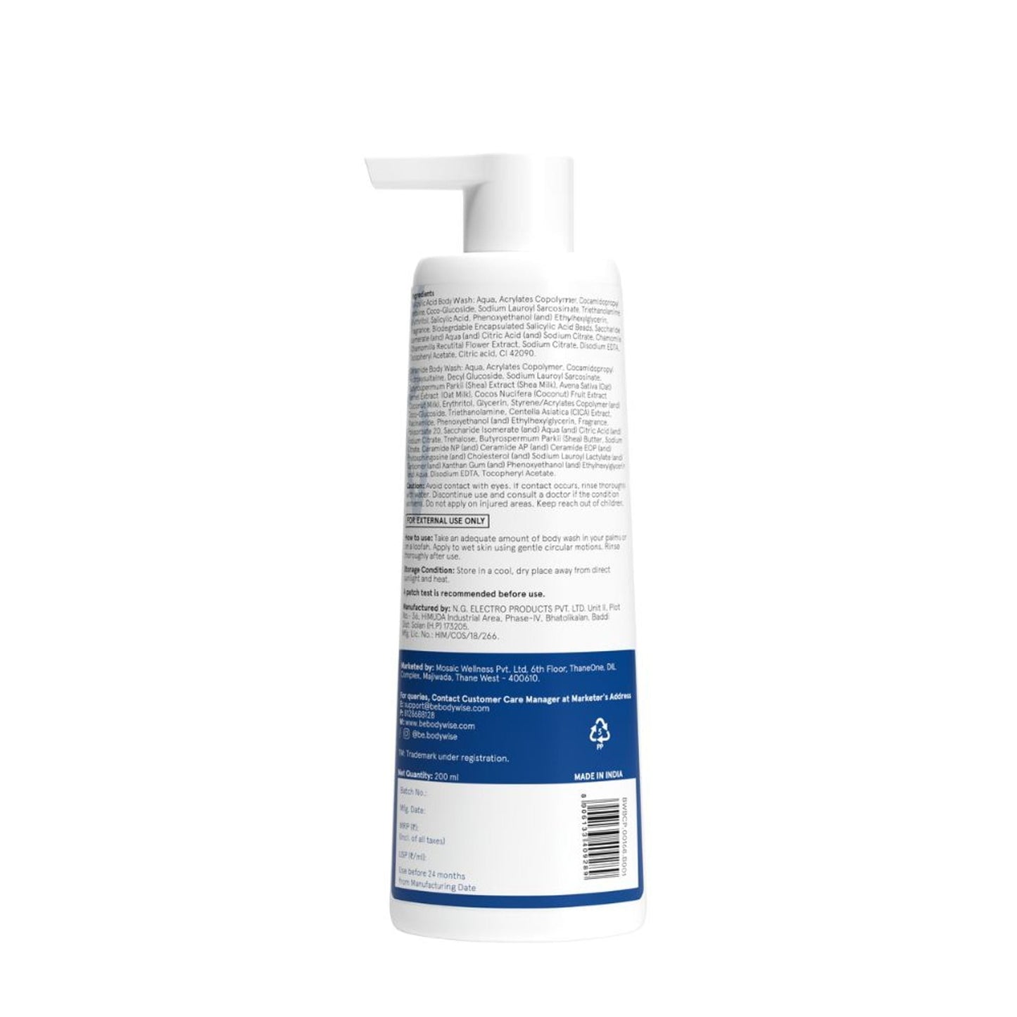 BeBodywise 1% Salicylic Ceramide Body Wash - Dual Pump 2in1 Body Wash - For Body Acne and Dry Skin