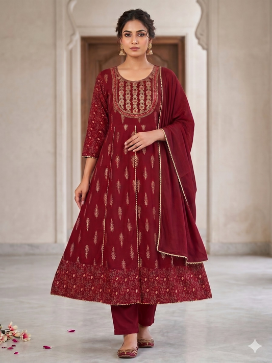 Teeya Creation Women's Maroon Fully Stitched Anarkali Kurta With Pant And Dupatta Set