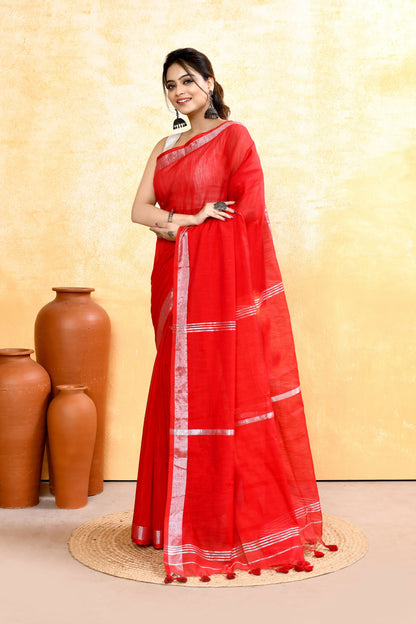 Piyari Fashion Women's Red Embellished Cotton Blend Zari Border Handloom Saree