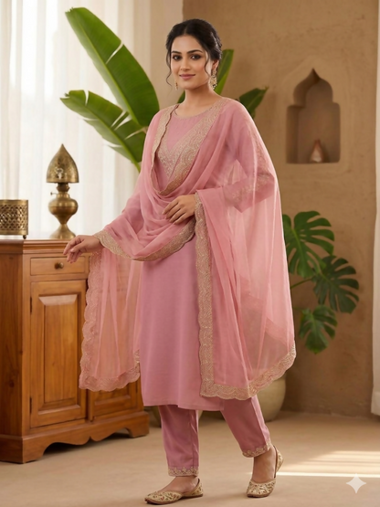 Teeya Creation New Womens Peach Straight Cut Kurta Set with Scalloped Embroidered Organza Dupatta Set