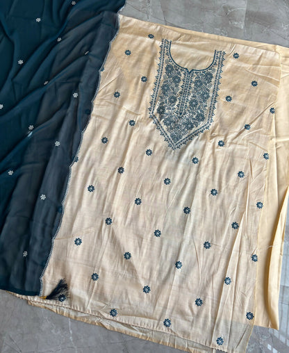 KC Khadi Cotton White Suit With Blue Dupatta 3 Piece Pair For Women