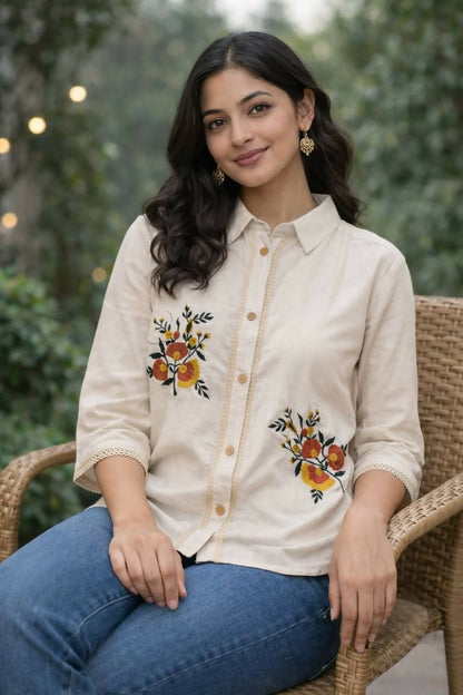 Teeya Creation Womens New Trendy Premium Cotton-Linen Off-White Fusion Shirt Kurti with Floral Embroidery