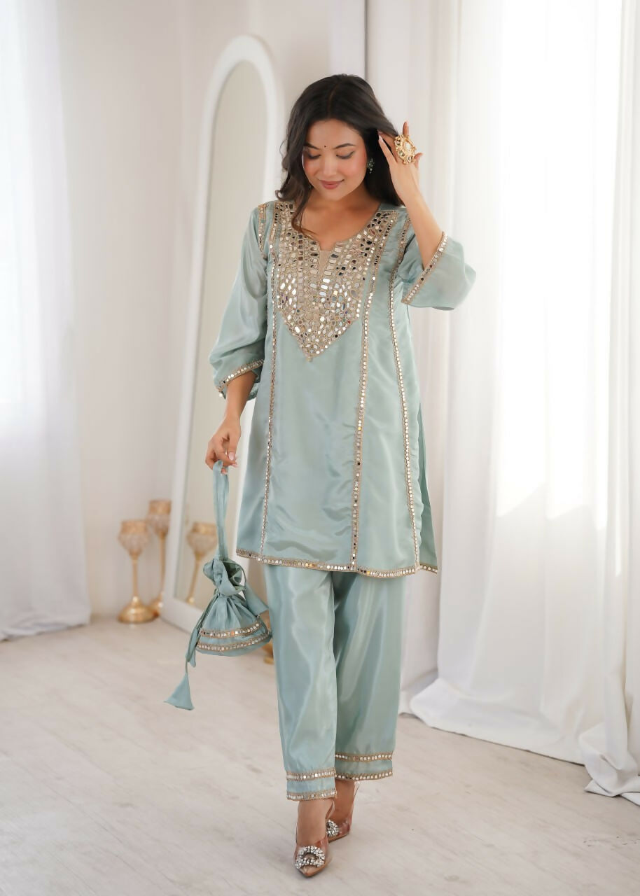 Teeya Creation Womens New Wedding Wear Sky Color With Mirror & Lace Work Kurta Pant Set