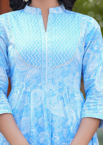 Jaimini Women Cotton Printed Mandarin Collar Neck Calf Length Flared Kurta Pant And Dupatta Set