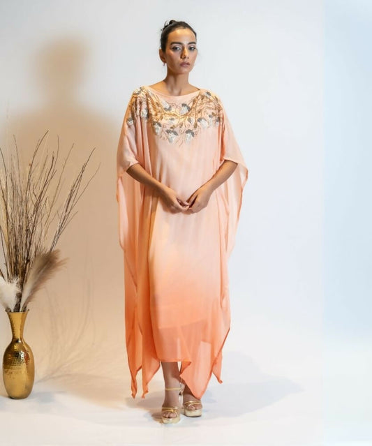 Timaraa Coral Peach Ombre Embellished Kaftan Dress