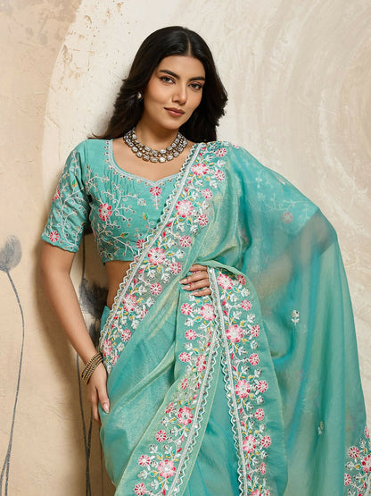 Teeya Creation New Trendy Wedding Special Party Wear Soft Nxc Moss Chiffon Saree-Aqua_Blue