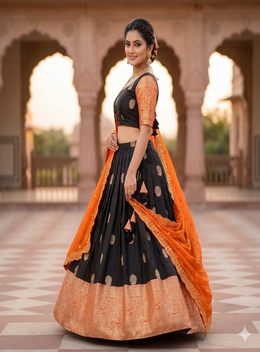 Teeya Creation Elegant Black Border Work Festive Chaniya Choli Set for Women