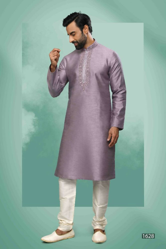 Raivat Ethnic Art Silk Mirror Embroidery Work Kurta Pajama In Lavender Colour