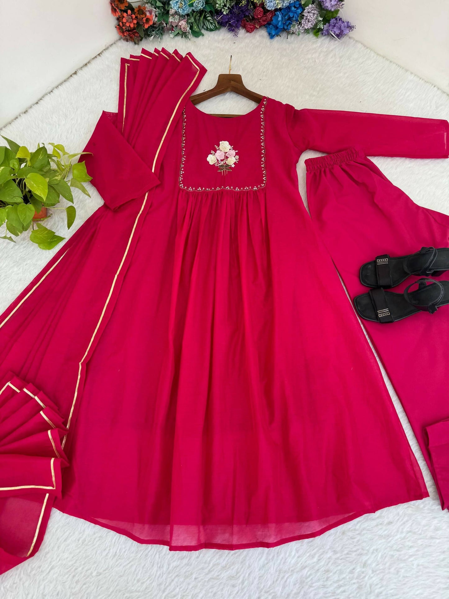 Teeya Creation Womens New Simply Wear Pure Mul Viscos Chanderi Cotton Red Gown Set