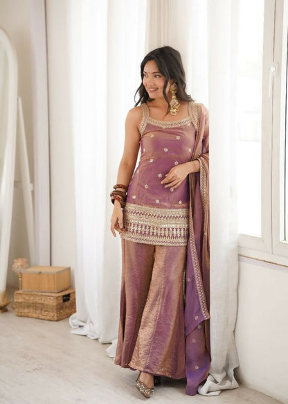 Teeya Creation Mauve Pink Embroidered Frendy Silk Sharara Suit Set