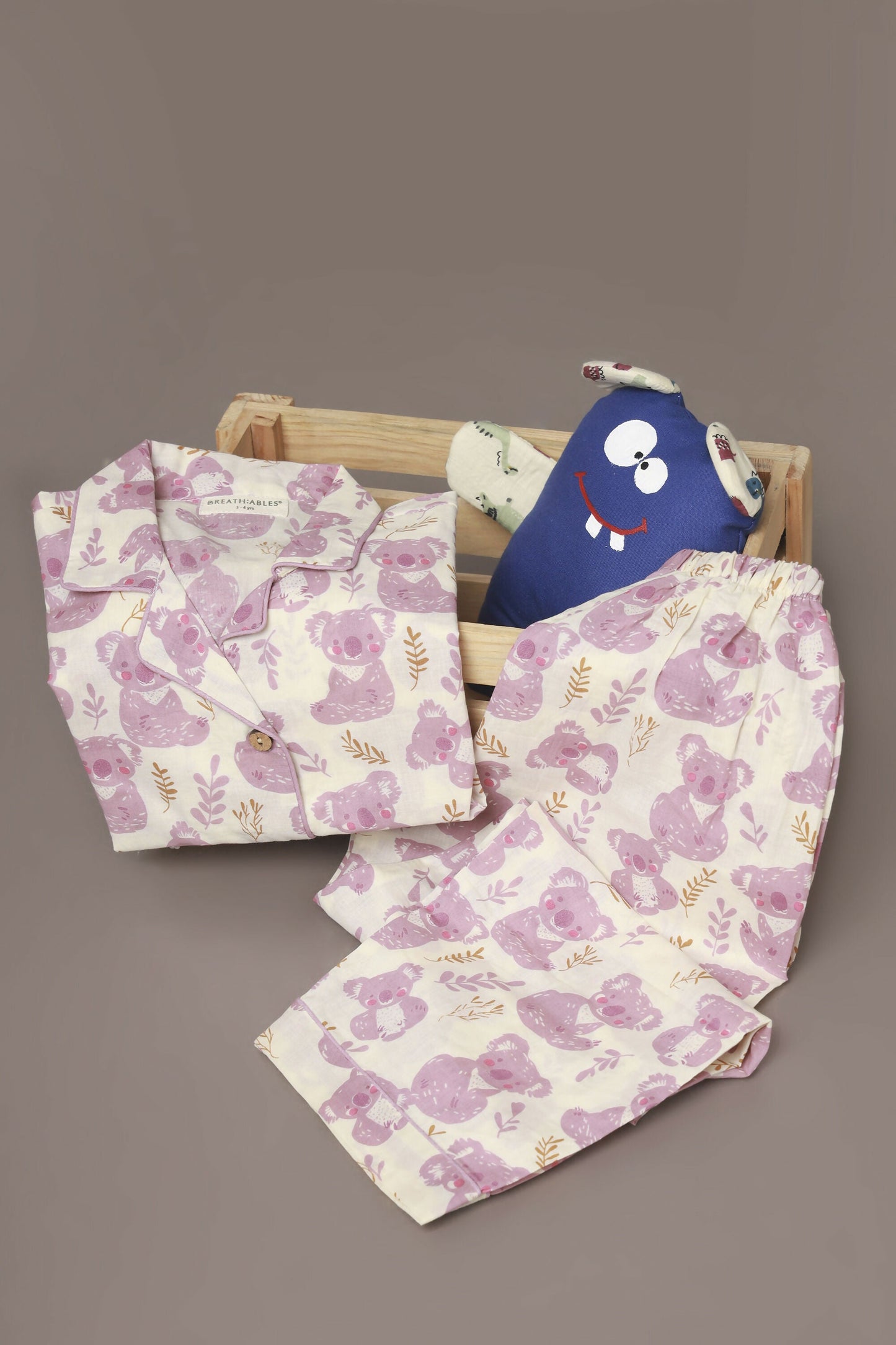 Breathables Kids Cotton Night Suit  White & Pink Teddy Shirt & Pyjama Co-Ord Set For Boys & Girls