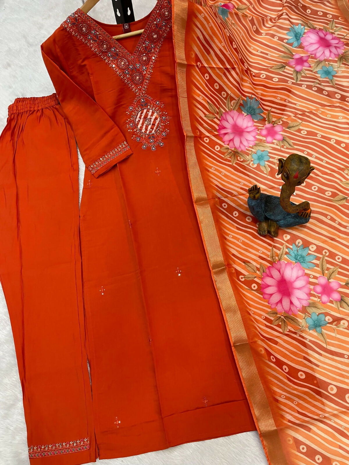 Teeya Creation Womens Orange Embroidered Kurta Pant Set