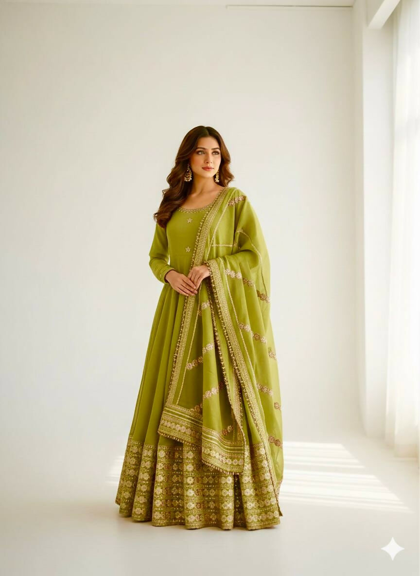 Teeya Creation Womens New Fancy Silk Heavy Quality Fabric With Handwork Light-Green Gown Set