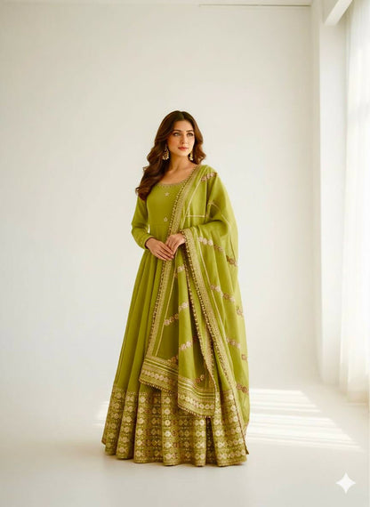Teeya Creation Womens New Fancy Silk Heavy Quality Fabric With Handwork Light-Green Gown Set