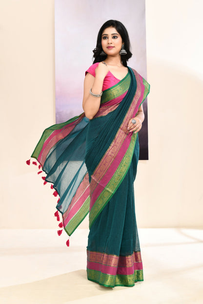 Piyari Fashion Women's Teal Embellished Zari Border Cotton Saree