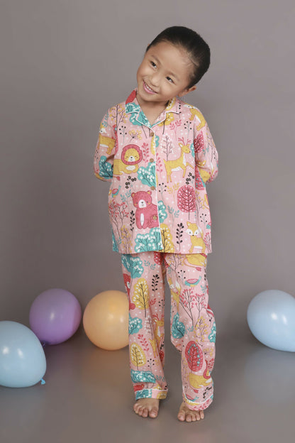 Breathables Kids Cotton Night Suit  Peach Lion & Teddy Shirt & Pyjama Co-Ord Set For Boys & Girls