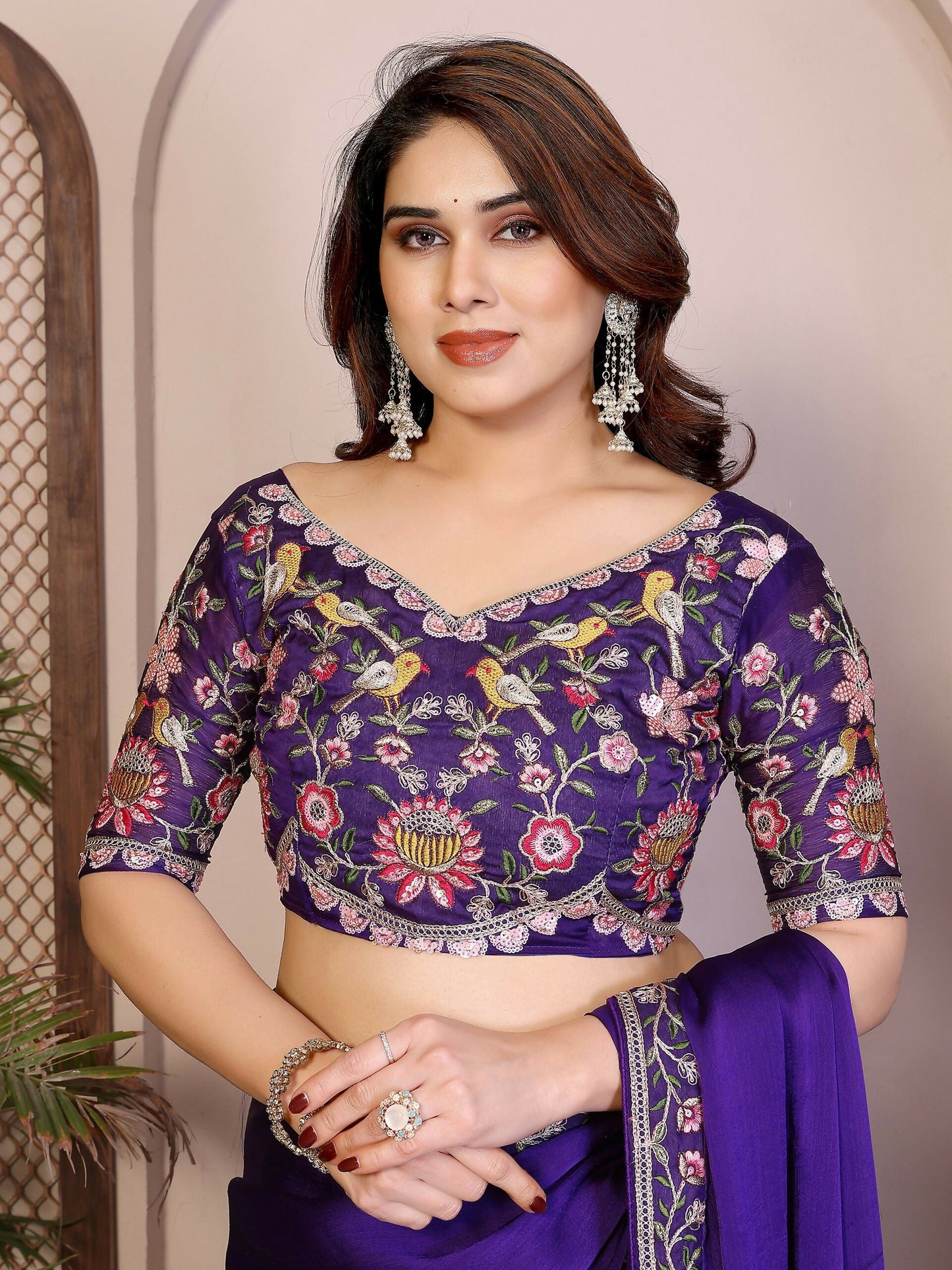 Teeya Creation New Trendy Party Wear Soft Satin Chiffon Saree-Purple