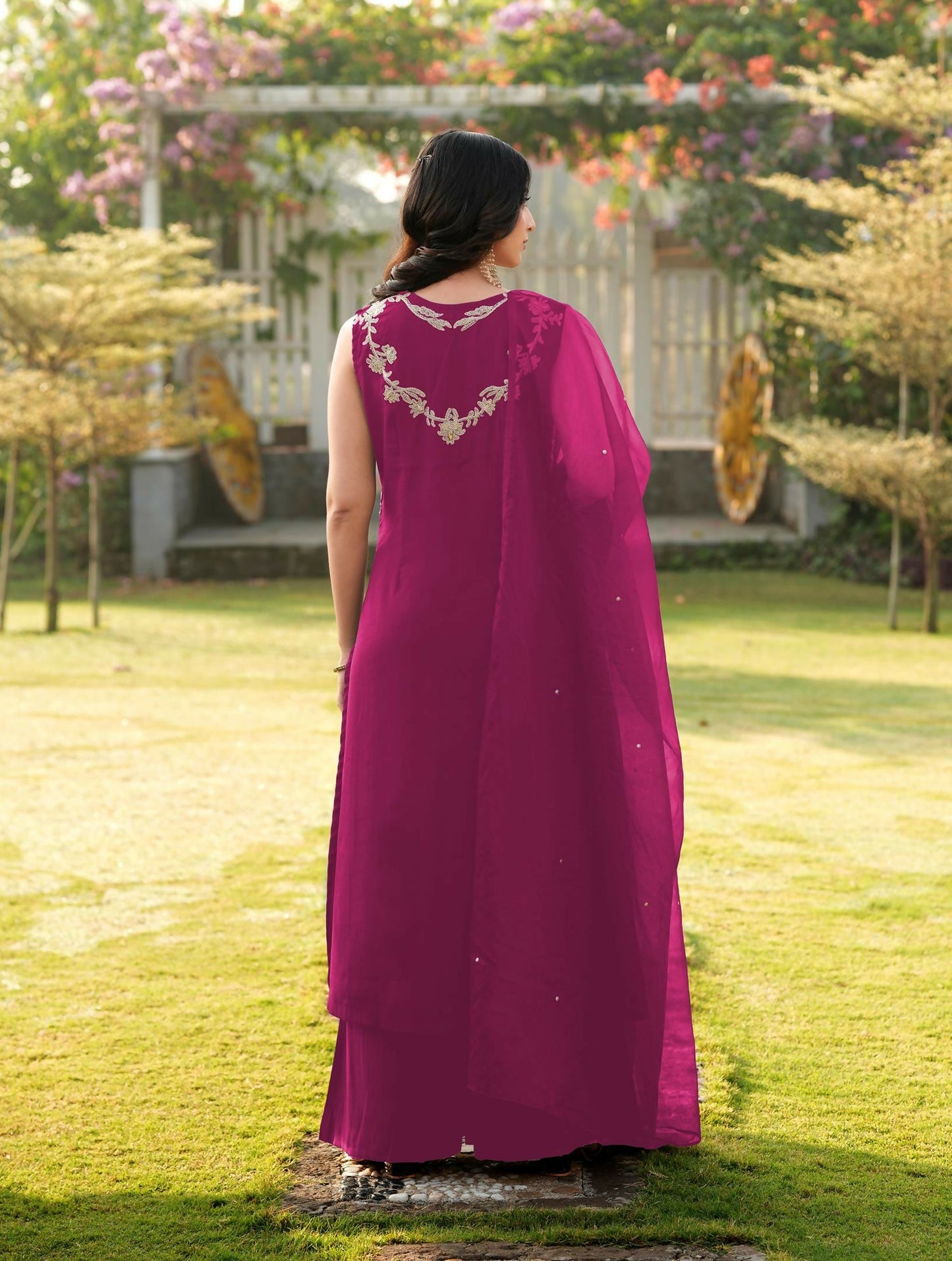 Nikhaar Magenta Embroidered Art Silk Stitched A Line Kurta Palazzo Dupatta Readymade Suit