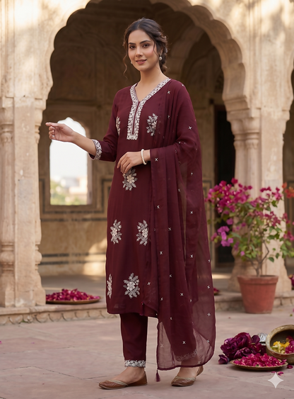 Teeya Creation Vibrant Dark-Maroon Embroidered Kurti with Pant and Dupatta Set